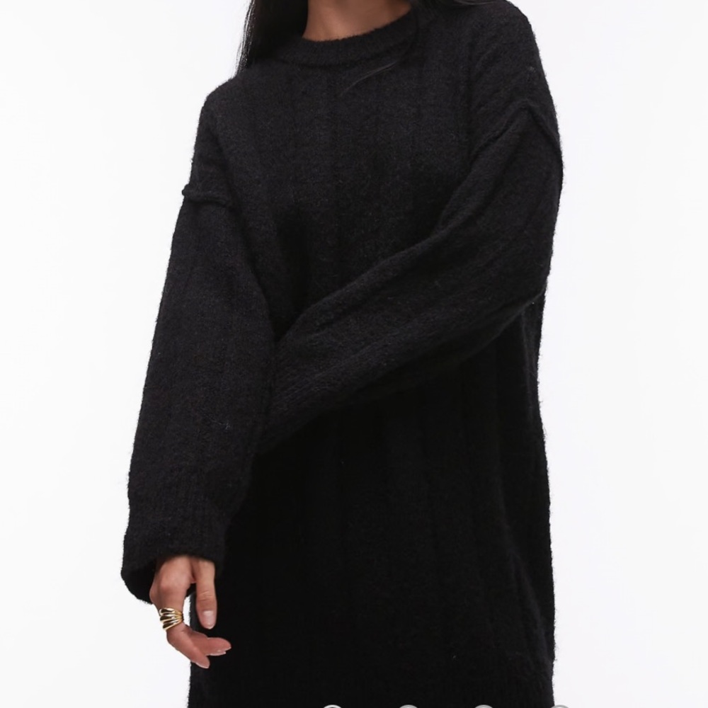 Topshop knitted fluffy rib oversized crew mini dress in black L
